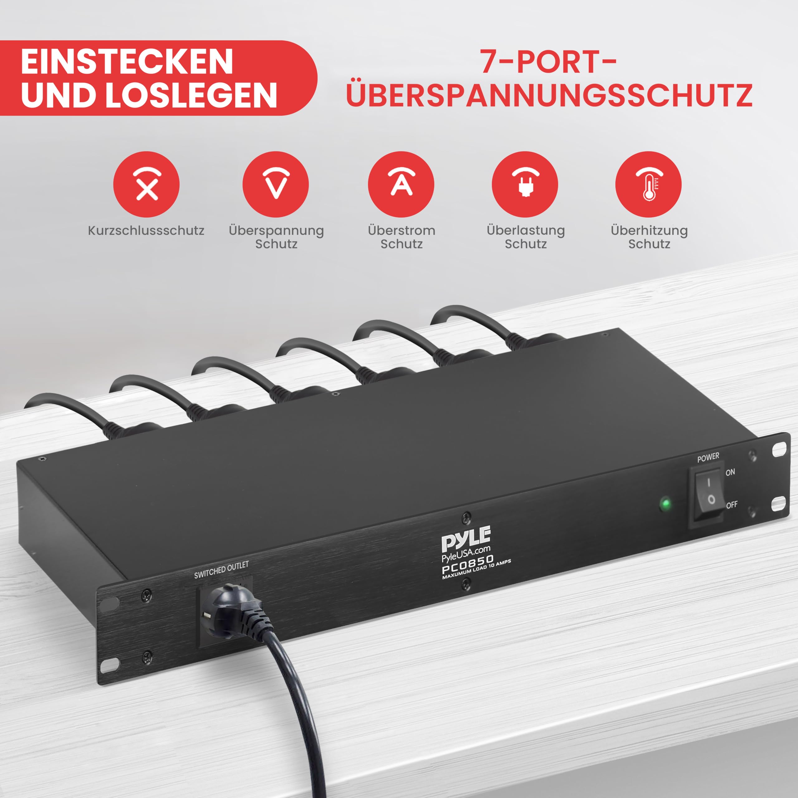 Pyle Mehrfachsteckdose Überspannungsschutz, Steckdosenleiste mit Verlängerungskabel 2m – Verteilersteckdose Überspannungsschutz mit 7 Steckdosen & 2 USB Anschluss Verteiler, Multisteckdose Schwarz