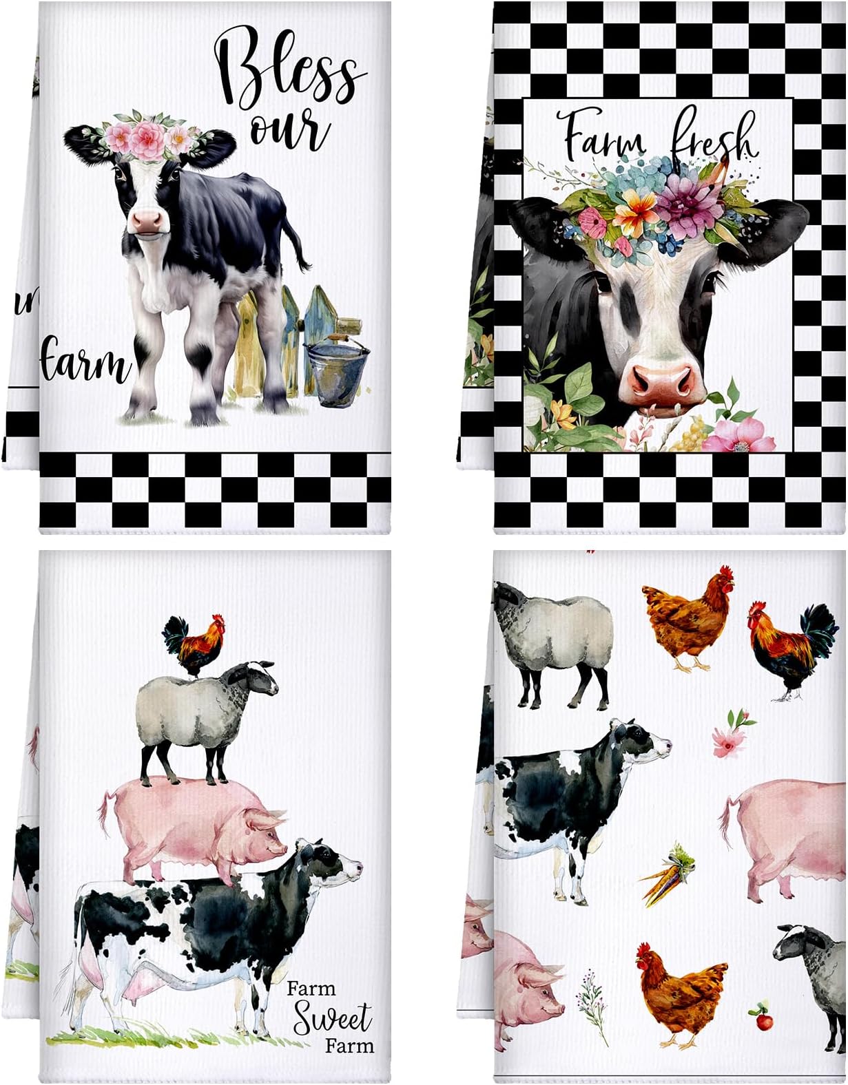FuWeave 6 Pcs Farm Animal Kitchen Towels Decorative Set Cow