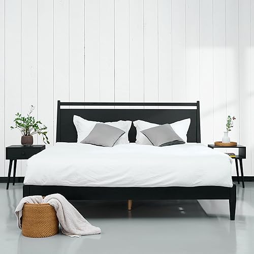 Vista 7 de NTC Adept Marco de cama de madera con cabecero, base de madera de roble macizo y caucho con listones silenciosos y soportes centrales de madera