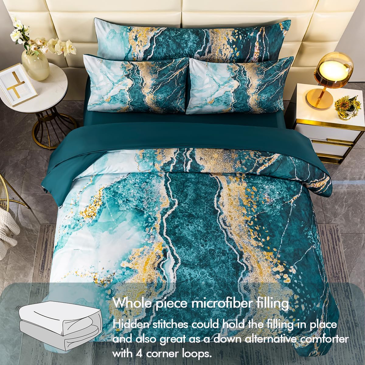 PERFEMET 6 Pieces Full Size Comforter Set Aqua Gold Bed in A Bag Watercolor Marble Bedding Comforter with Sheets Soft Lightweight Abstract Artwork Green Bed Sets for All Season Use(Aqua, Full) - Image 4