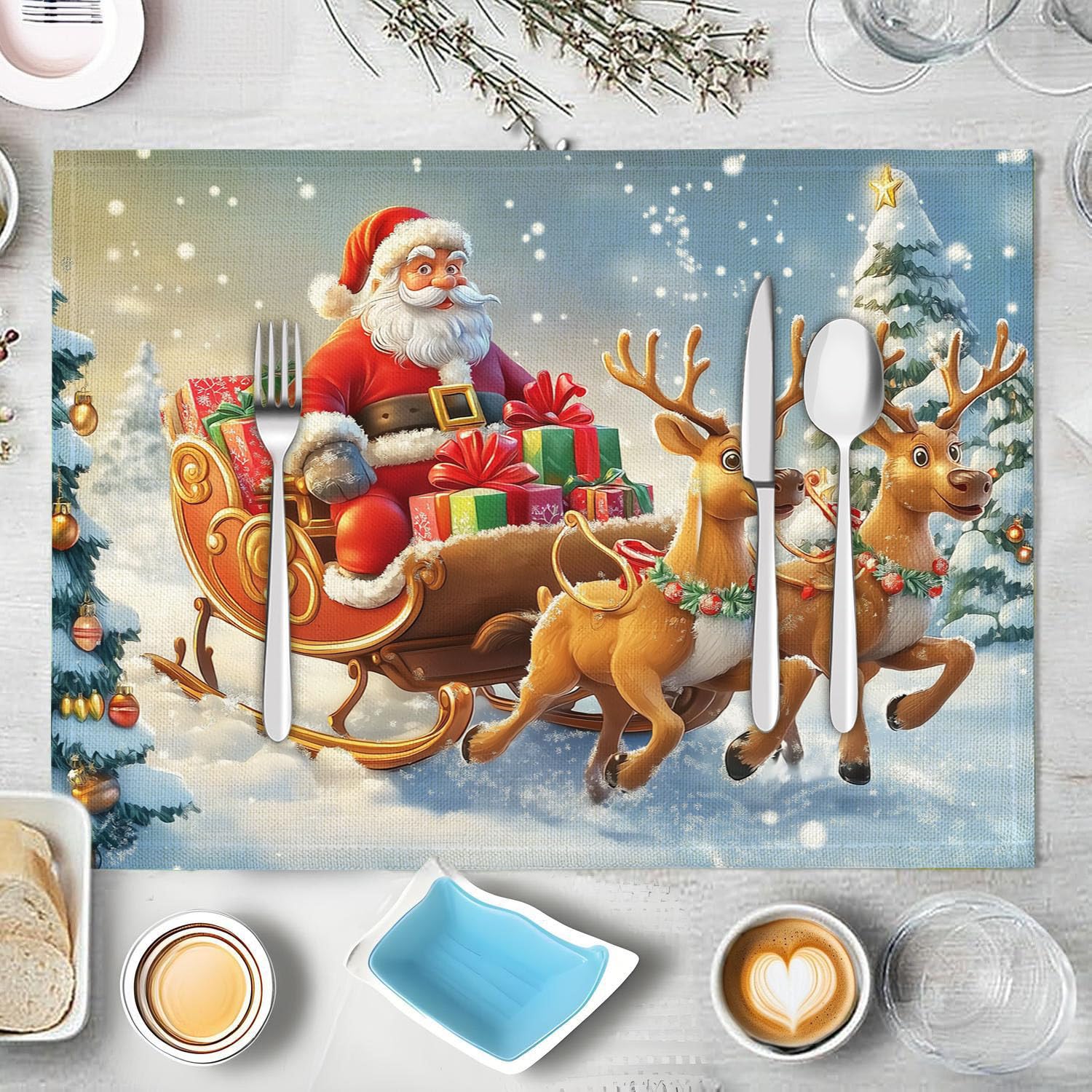 Tovagliette all'americana stampate con Babbo Natale, ideali per tavolo da pranzo in cucina, antiscivolo, lavabili, resistenti al calore, in tessuto, confezione da 4, colore turchese, 45 x 30 cm