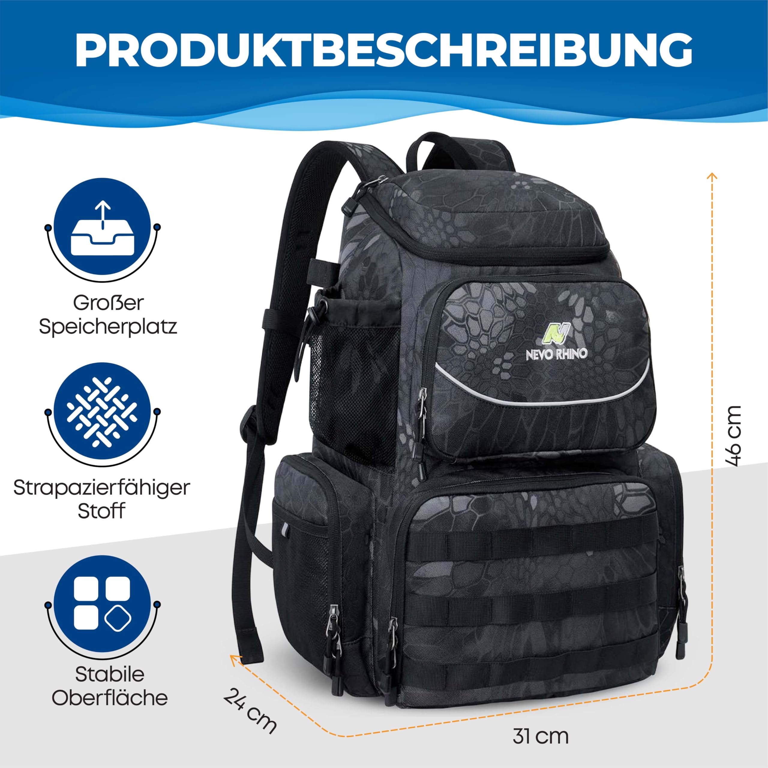Angelrucksack mit Inklusive Boxen – Gerätekoffer mit Fächern – Ideal für Brandungsangeln, Karpfenangeln und Spinnfischen – Wasserabweisende Angeltasche mit Großer Kapazität