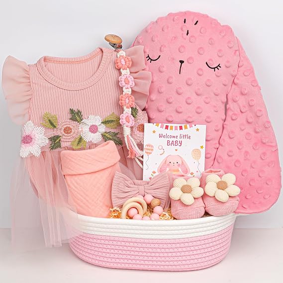 Baby Girl Gift Basket | 9 PCS Pink Welcome Home Newborn Baby Girl Gift Set with Dress, Headband | Baby Girl Newborn Essentials with Socks, Storage Basket | Baby Shower Gift for Girls