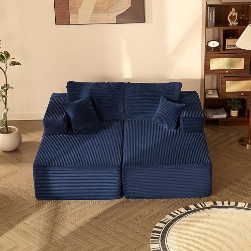 193 cm Sofá Chaise Longue Doble Modular sin Montaje, Pana, Azul Marino | Configuración Flexible, Asiento Profundo, Espuma de Alta Densidad, Cojines de Respaldo, Para Salón