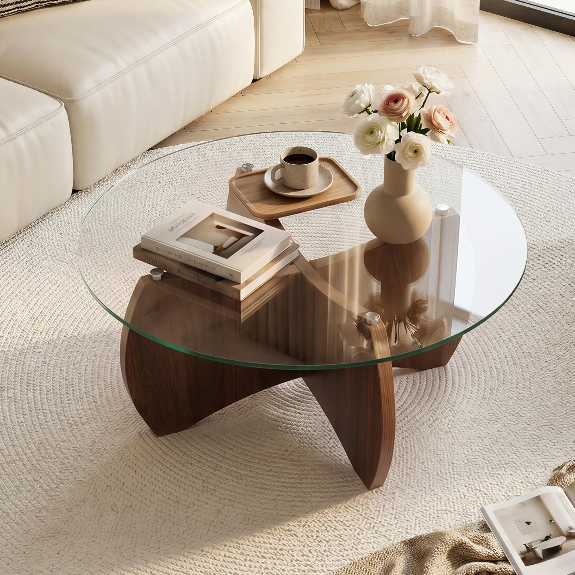Glass and Walnut Round Coffee Table