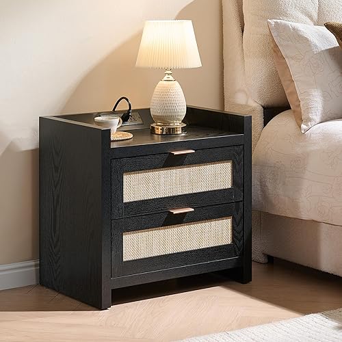 SICOTAS - Mesita de noche de ratán, estilo bohemio, con estación de carga tipo C, 2 cajones, gris y blanco