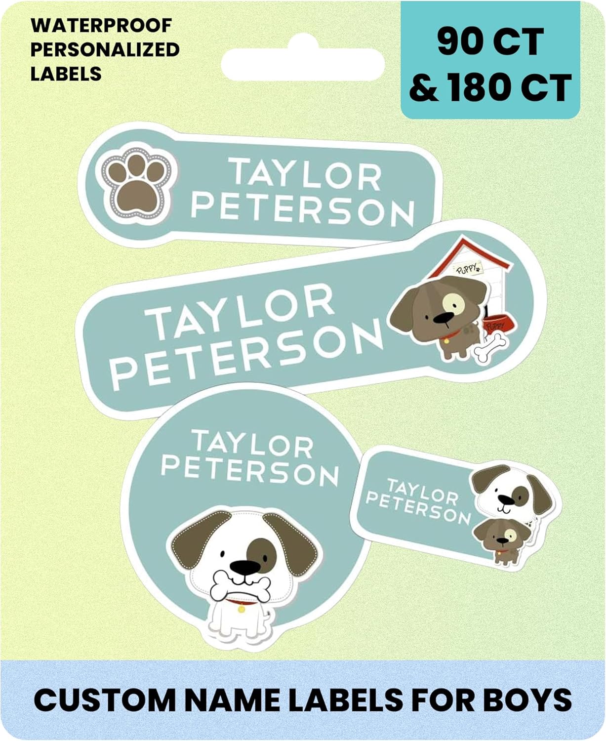 Custom Name Labels for Boys – Waterproof No-Iron Personalized Stickers for Daycare, School & Camp – Washable Multi-Size Labels for Bottles, Backpacks, Shoes & More – 90 or 180 Ct | Puppy Design