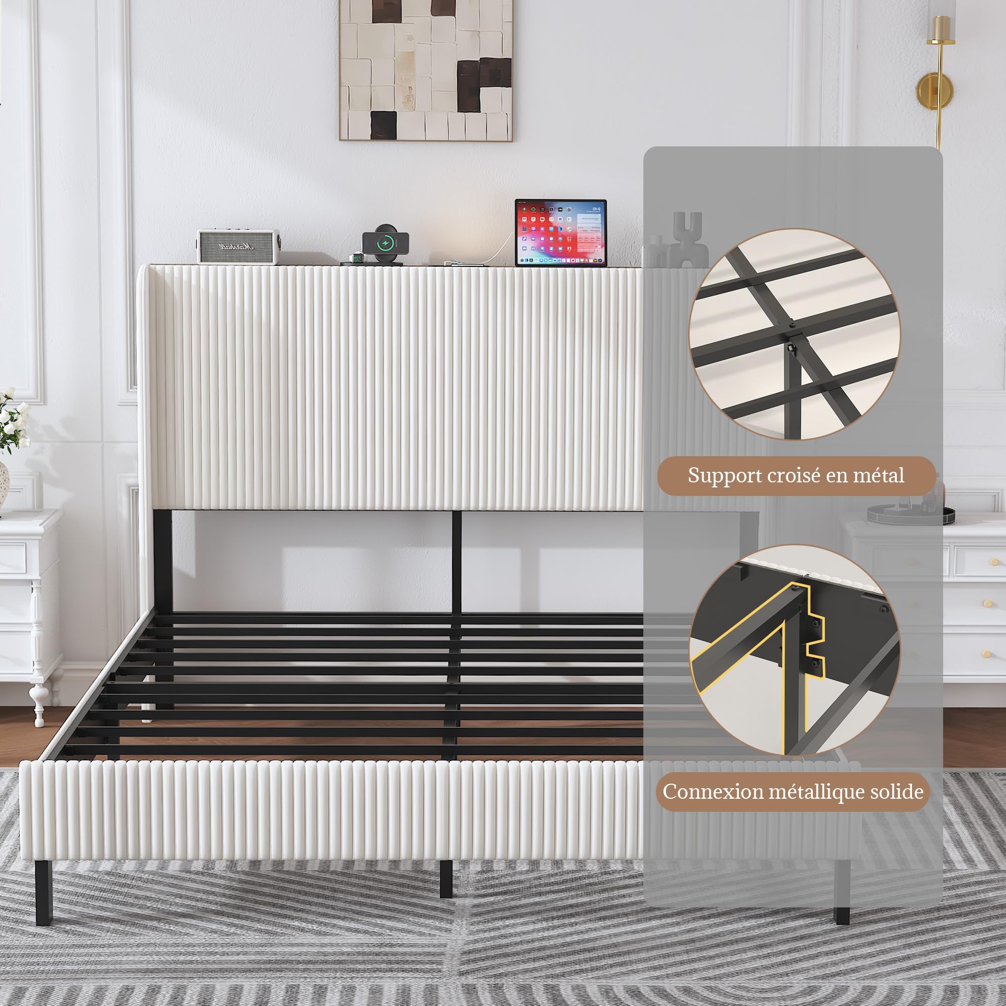 OKMYHOME Cama Tapizada 180x200 cm, Cama Doble Grande con LED y Puerto USB Tipo C, Estructura con Somier de Láminas de Metal, Tela Acanalada, Beige, Sin Colchón