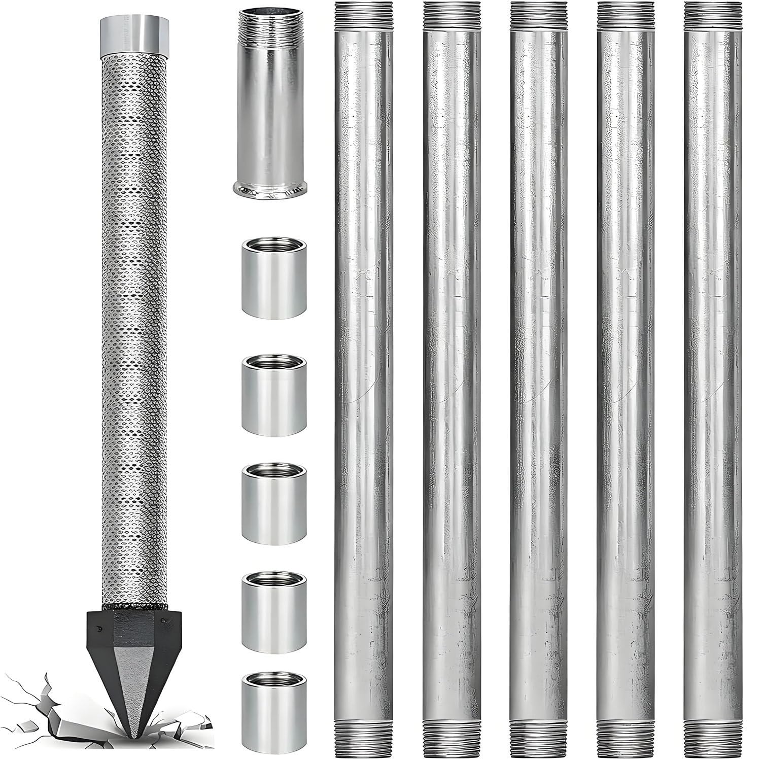 COAKUE Stainless Steel Well Drive Point Kit, Water Well Drilling Kit 5+1Kit