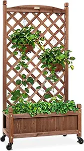 Best Choice Products 48in Wood Planter Box & Diamond Lattice Trellis, Mobile Outdoor Raised Garden Bed for Climbing Plants w/Drainage Holes, Optional Wheels - Walnut