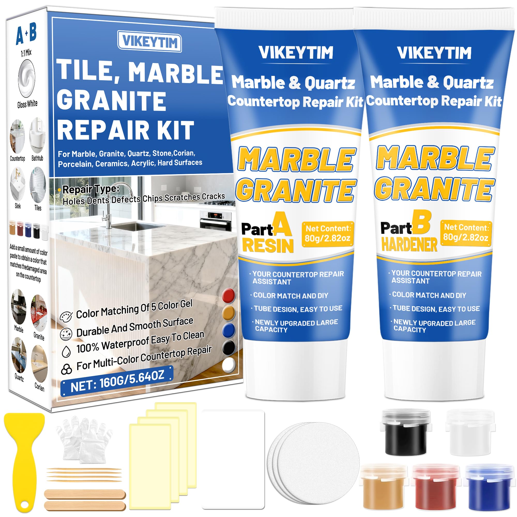 Tile, Marble and Granite Repair Kit (Color Match), 160g/5.64oz Quartz Countertop Repair Kit for Holes Dents Defects Chips Scratches Cracks, Fix Porcelain Stone Reattaches Corian Other Hard Surfaces