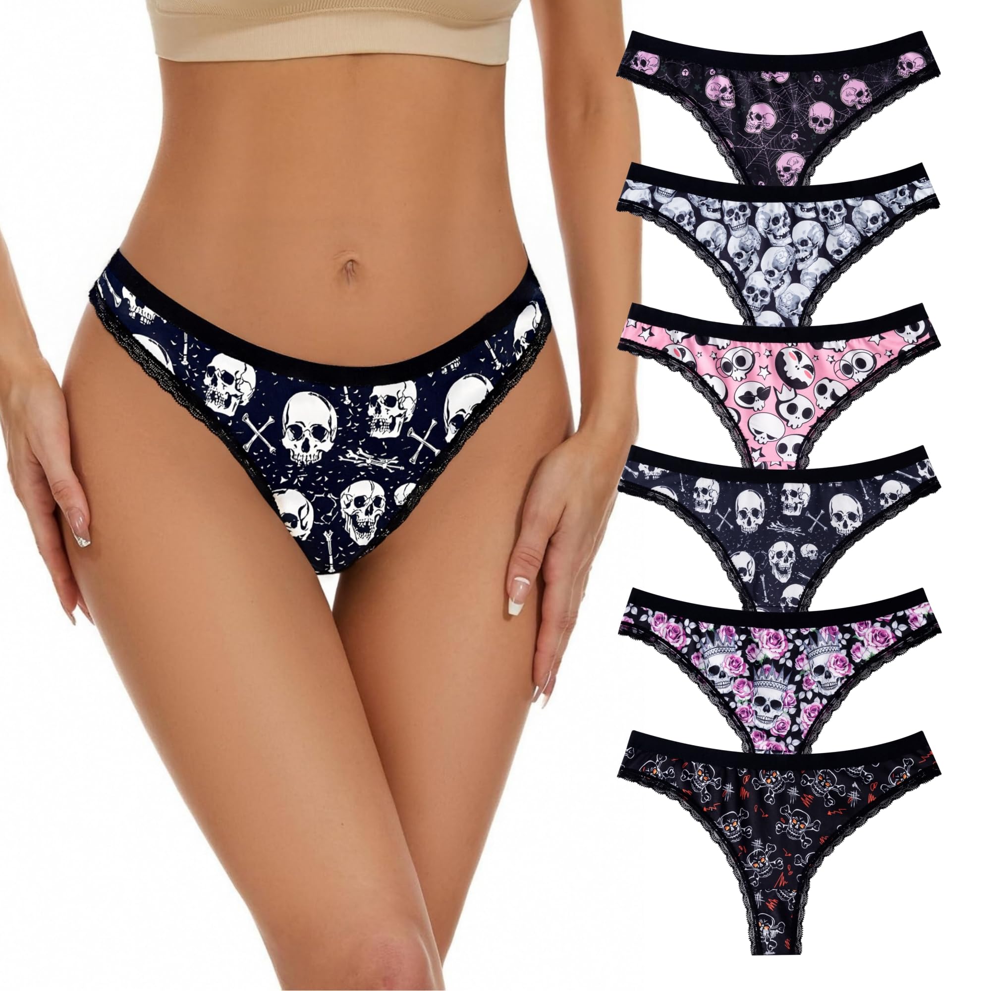 Solblo Womens Thong Panties 5-6 Pack - Gothic Lace Print Hipster Bikini-Soft Stretch Sexy Lingerie