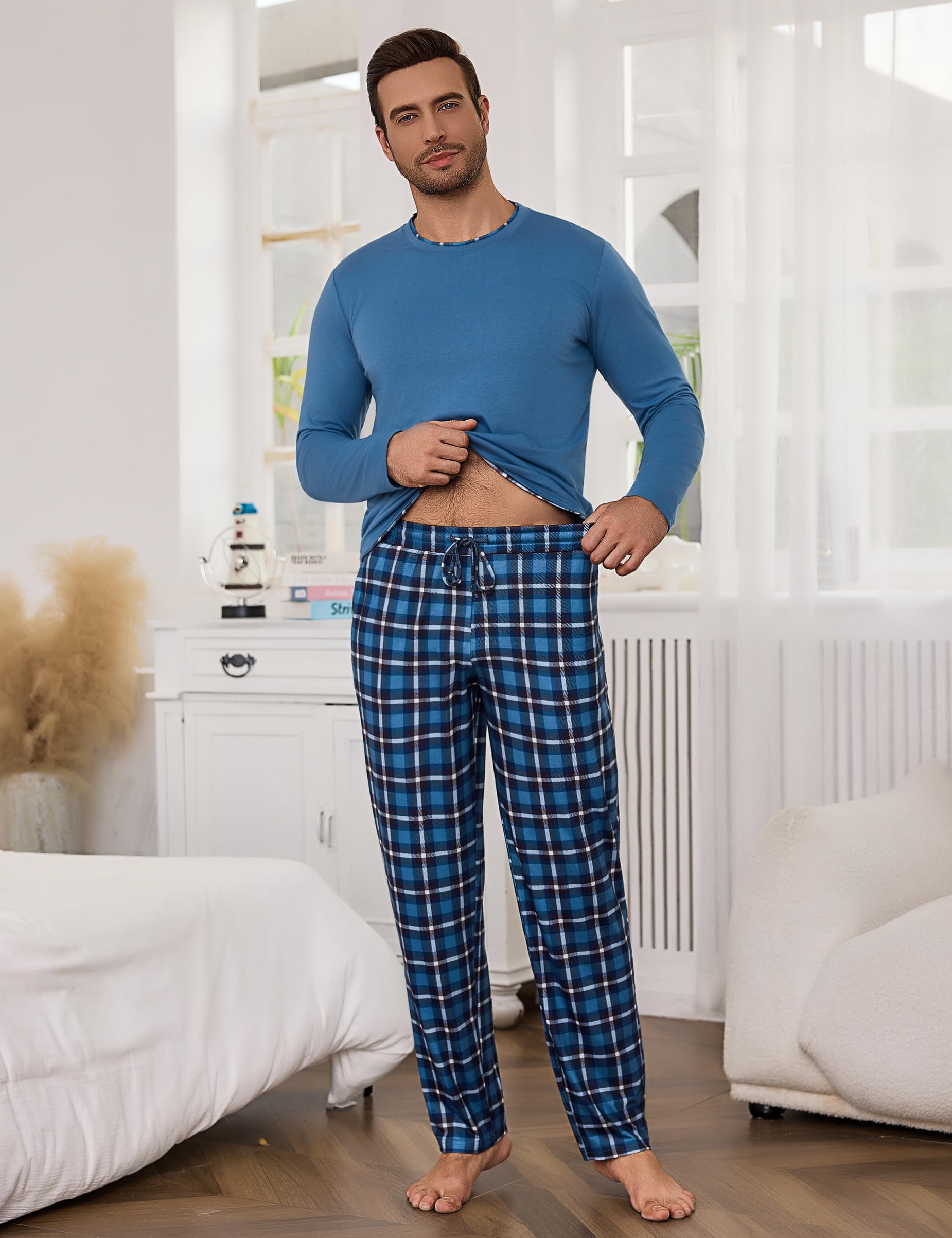 Litherday Pigiama Uomo Invernale Cotone Lungo Pajamas Due Pezzi Maniche Lunghe Pantaloni Lunghi Pigiami Morbido Loungewear con Tasche