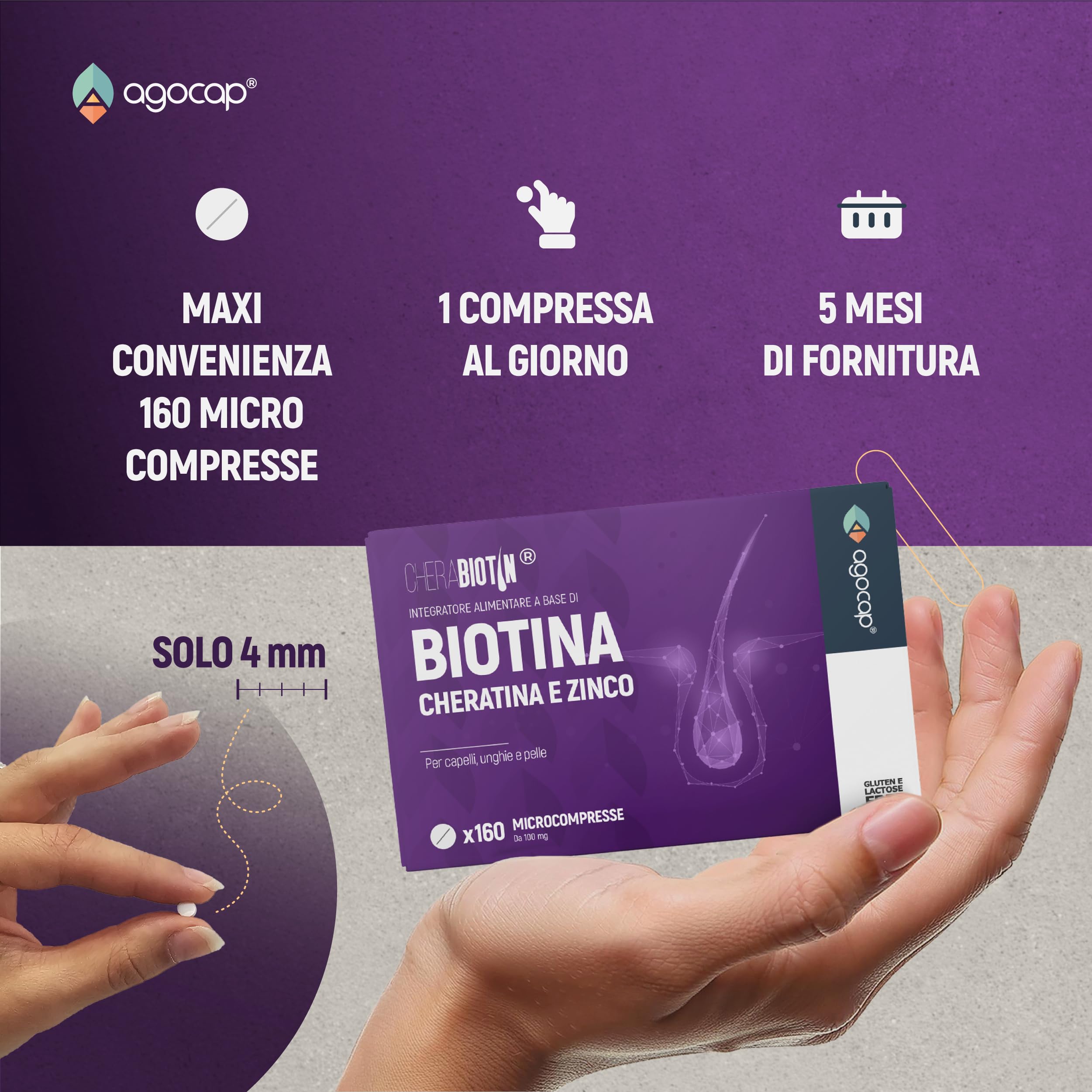 Cherabiotin, integratori a base di Biotina, Cheratina e Zinco. Vitamine per unghie e pelle. crescita capelli e anticaduta donna. 160 micro compresse, 5 MESI DI FORNITURA (Cherabiotin 160cpr)