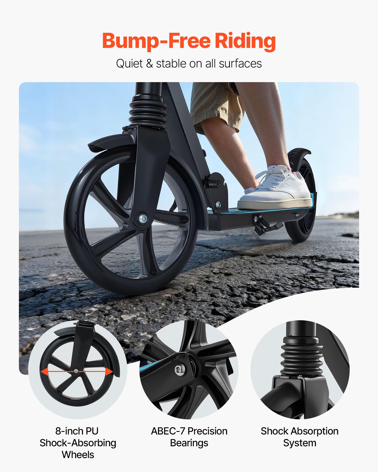VEVOR Monopattini a Spinta, Monopattino con Freno a Pedale a 2 Ruote con Manubrio Regolabile Pedana Antiscivolo, Pieghevole e Leggero Fino a ca. 99,7 kg per Adolescenti e Adulti, Blu e Nero