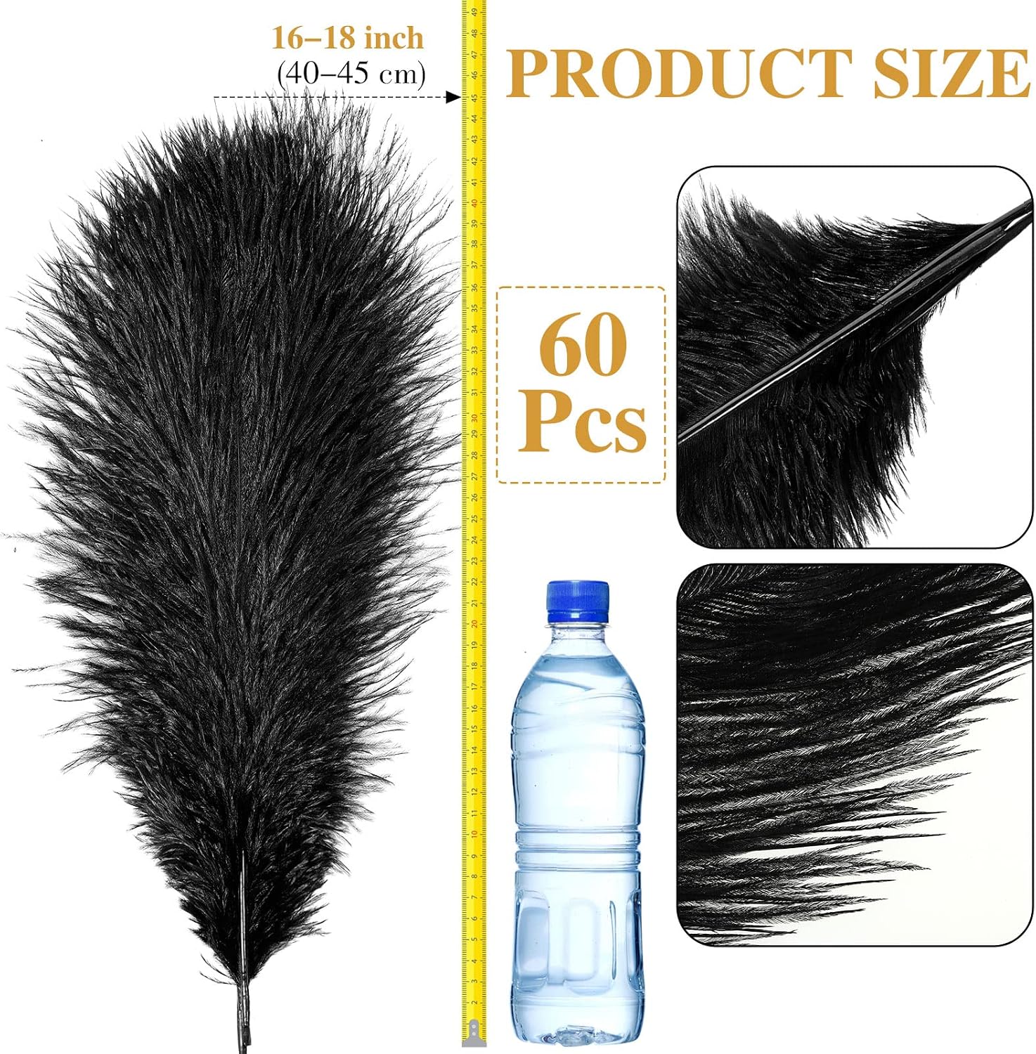 XunYee 60 Pcs Natural Ostrich Feathers 16-18 Inches/ 40-45 cm Large Natural Feather Home Decoration Ostrich Plume for Wedding Centerpieces Carnival Celebration Holiday DIY Craft (Black)