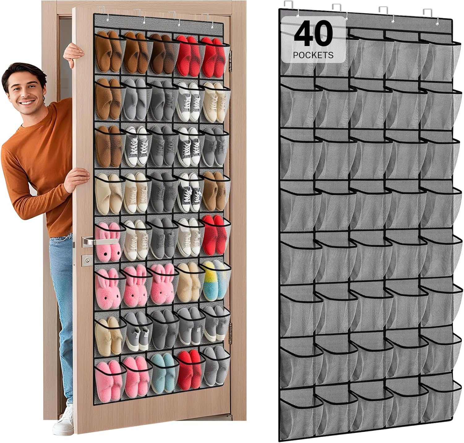 40-Pocket Over the Door Shoe Organizer - Large Mesh Pocket Hanging Shoe Organizer,Behind the Door Shoes Storage Holder Hanger,Large Capacity Design for Dorm Room College,Store 20 Pairs(Grey)