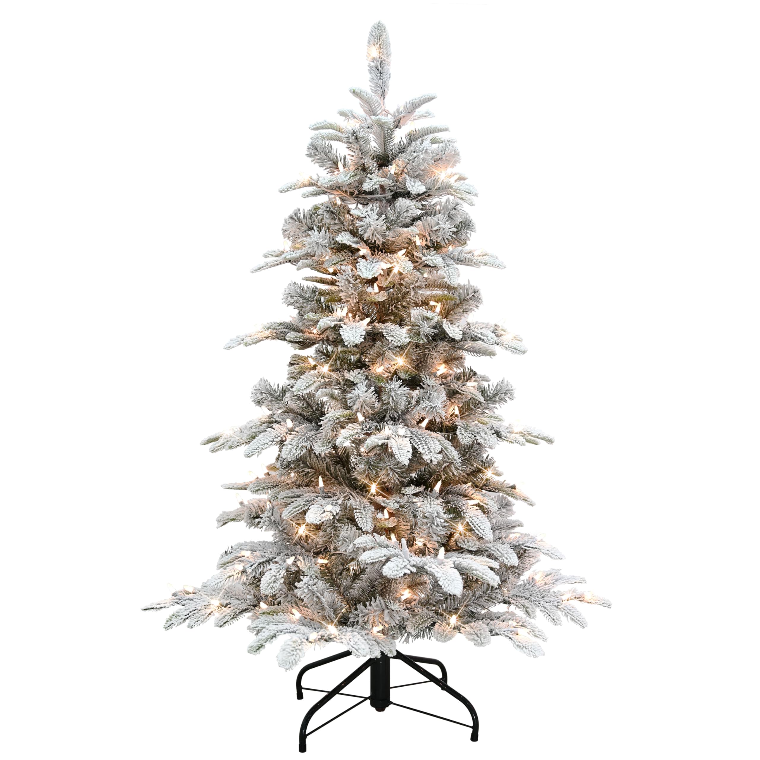 Puleo International 4.5ft Pre-Lit Slim Flocked Aspen Fir Christmas Tree with 200 Clear Lights, 389 Realistic Dense Snow Flocked Branch Tips, Easy Setup Artificial Trees with Sturdy Metal Stand