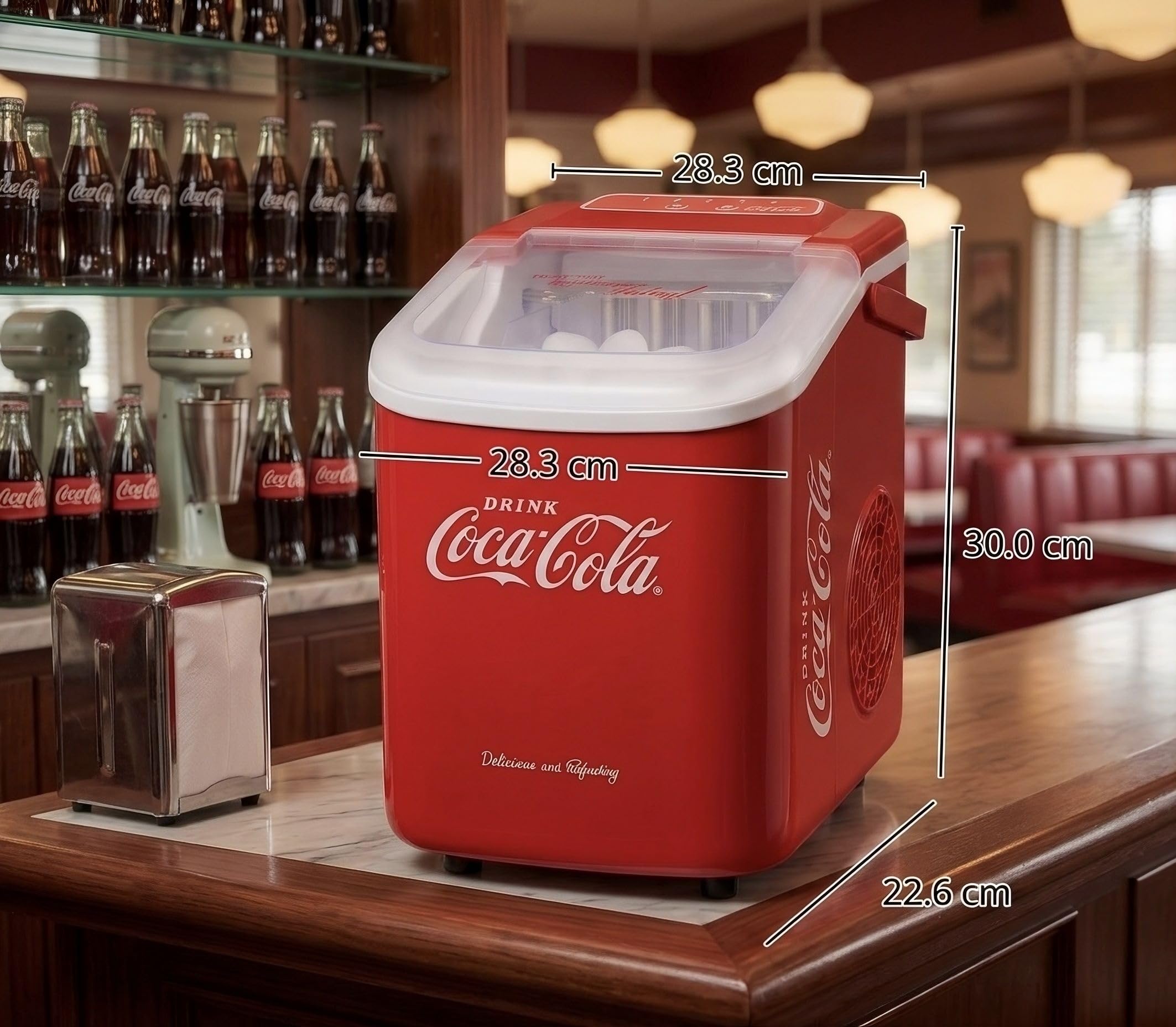 Salco Coca-Cola Retro Eiswürfelmaschine – Schneller Eiswürfelbereiter für Party, Camping & Home, 9 Würfel in 7-11 Min, Mobiler Eismacher mit Tragebügel, 12kg/24h, Inkl. Schaufel & Korb, Rot