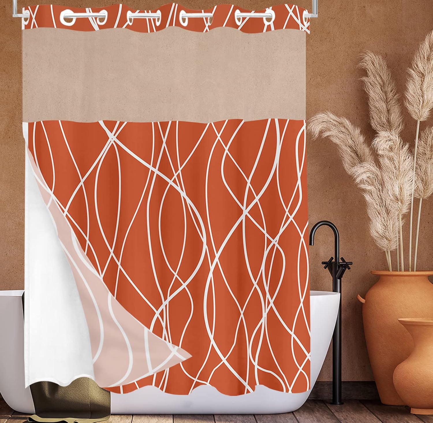 Tititex No Hooks Snap in Liner Abstract Curve Lines Caramel White Shower Curtain, Hotel Luxury Double Layers Without Hooks Waterproof Fabric & See-Through Top Window Bathroom Decorative 71x71 Inch