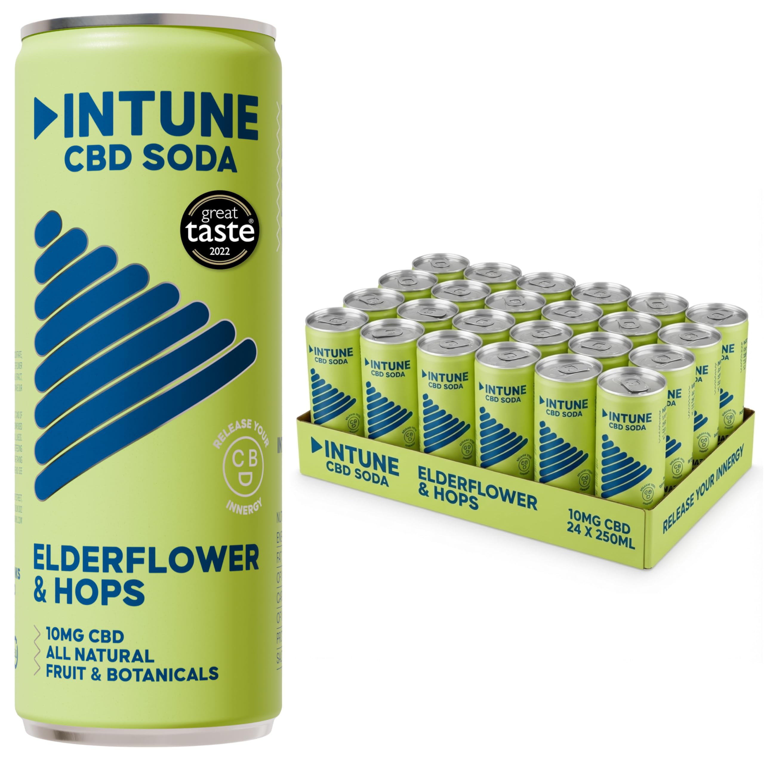 INTUNE Elderflower & Hops Sparkling CBD Drink | Natural & Vegan | Low Calorie | CBD Infused Soft Drink | 24 x 250ml Cans