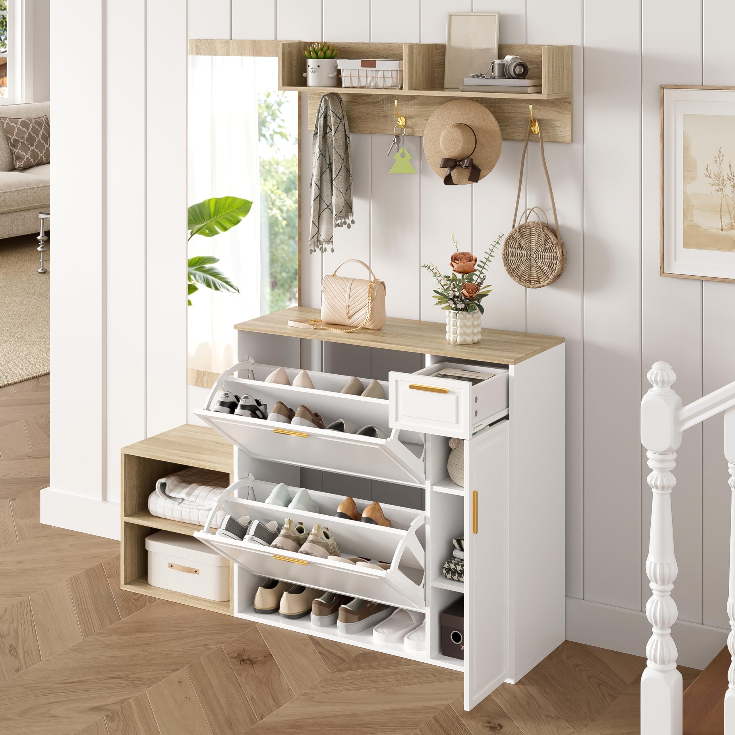 Set di 4 appendiabiti con scarpiera, panchina, appendiabiti da parete e specchio, naturale+bianco, set di mobili per corridoio e ingresso