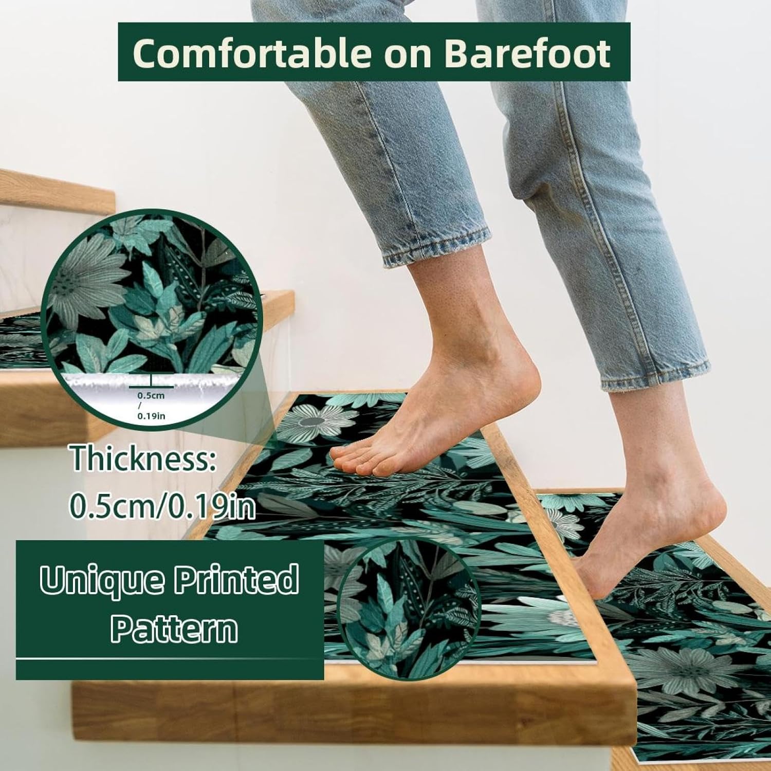 Sage Green Flowers and Leaves Carpet Stair Treads for Wooden Steps Indoor, 15 Pack Slip Resistant Stair Rug Staircase Step Treads Pads for Pet, Kids and Elderly