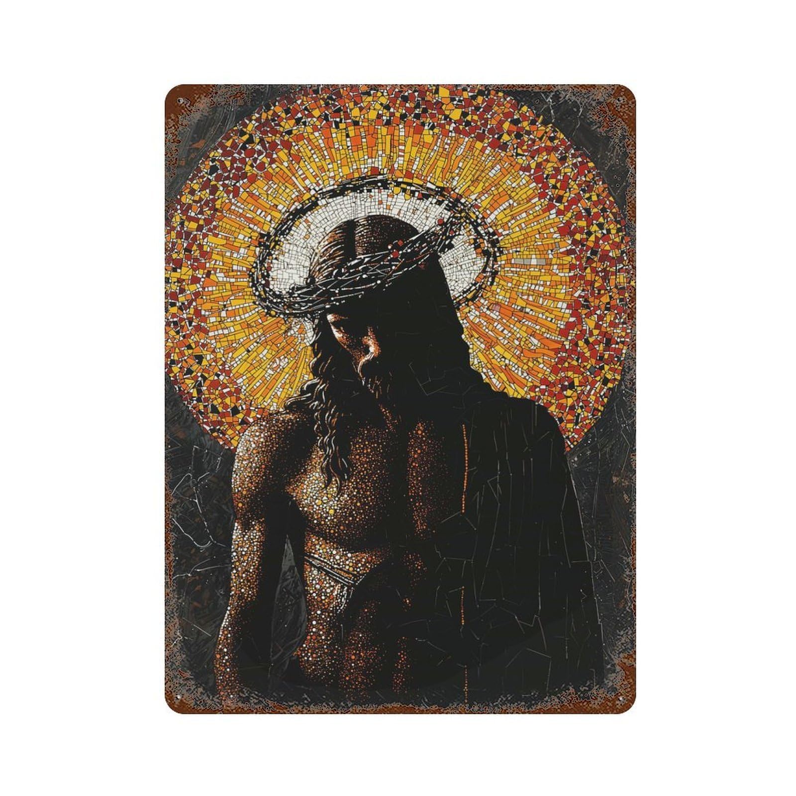 Rust Effect Mosaic Jesus Rusty Metal Tin Sign 15.7"x11.8", Farmhouse Wall Decor for Shed, Workshop And Garage Wall Decor