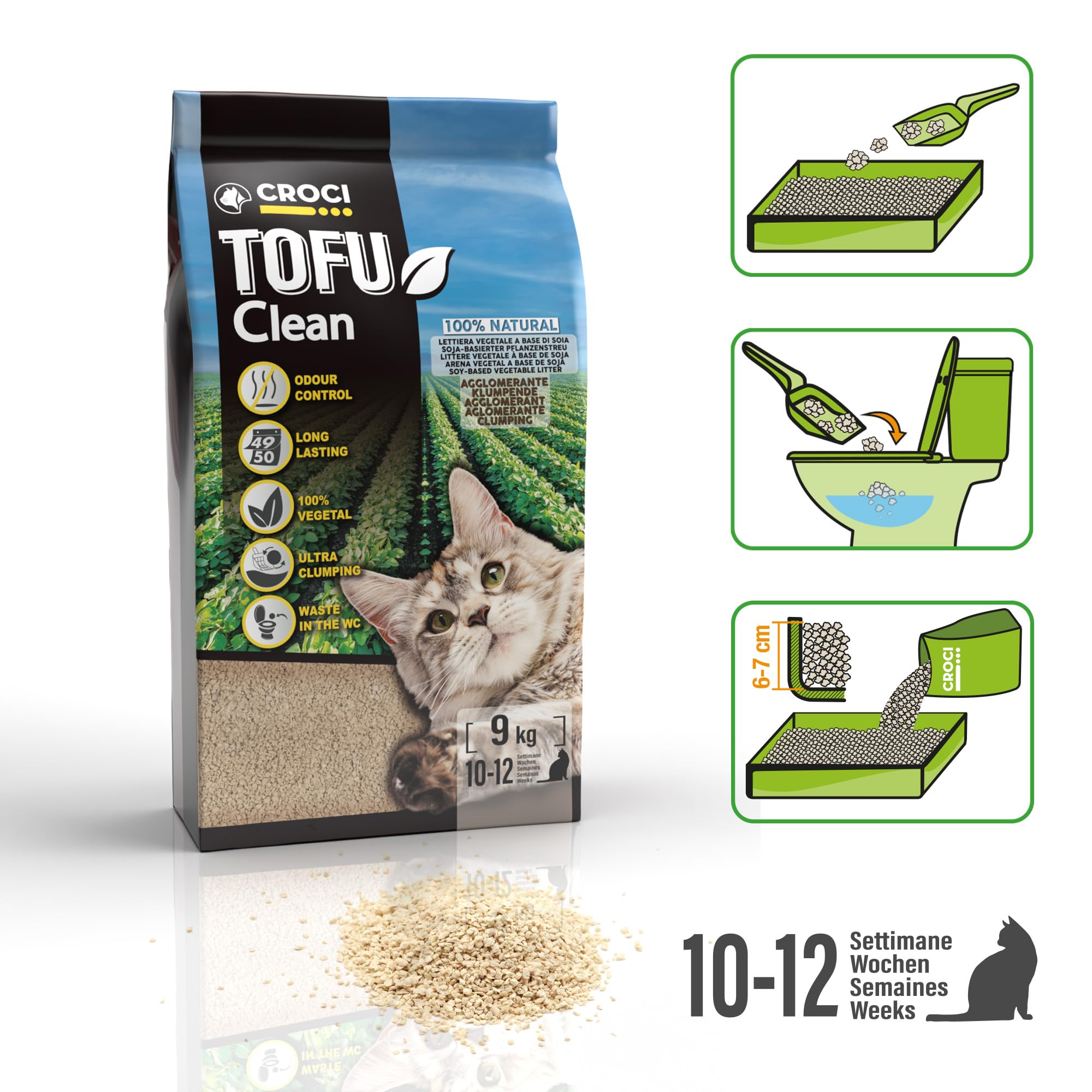 Croci Tofu Clean Litter 20L - Arena Aglomerante Para Gatos, Biodegradable, Descarga En El Inodoro, 100% Vegetal, Arena Antiolor De Larga Duración