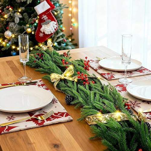 Miniatura 6 de Guirnalda de pino Norfolk de Navidad de 9 pies, guirnalda de vegetación artificial con cinta de luces para chimenea, mesa, pared, escaleras y