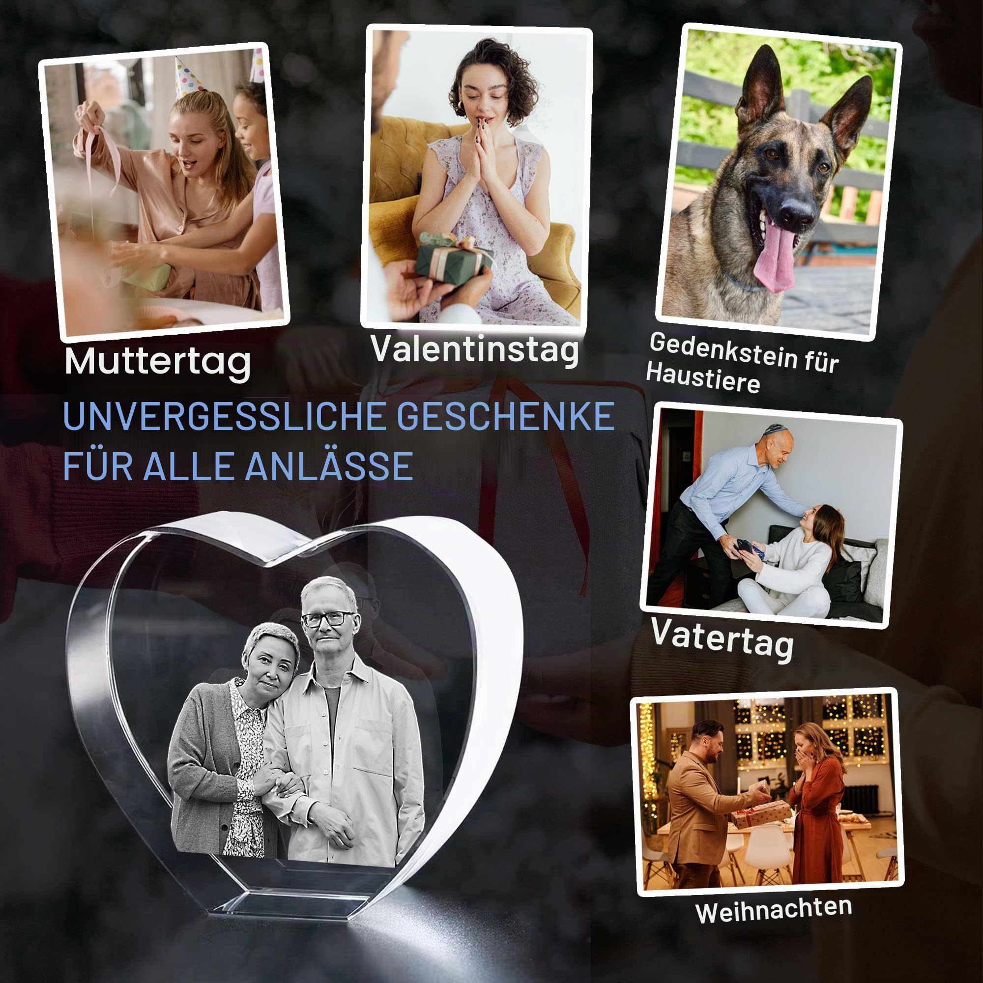 Personalisierte 3D Foto Glas, 3D Glasfoto mit Leuchtsockel, 3D Kristall Foto Glasbilder Fotogeschenke mit Lasergravur, Personalisierte Geschenke für Frauen, Freundin, MäNner, Mama, Papa