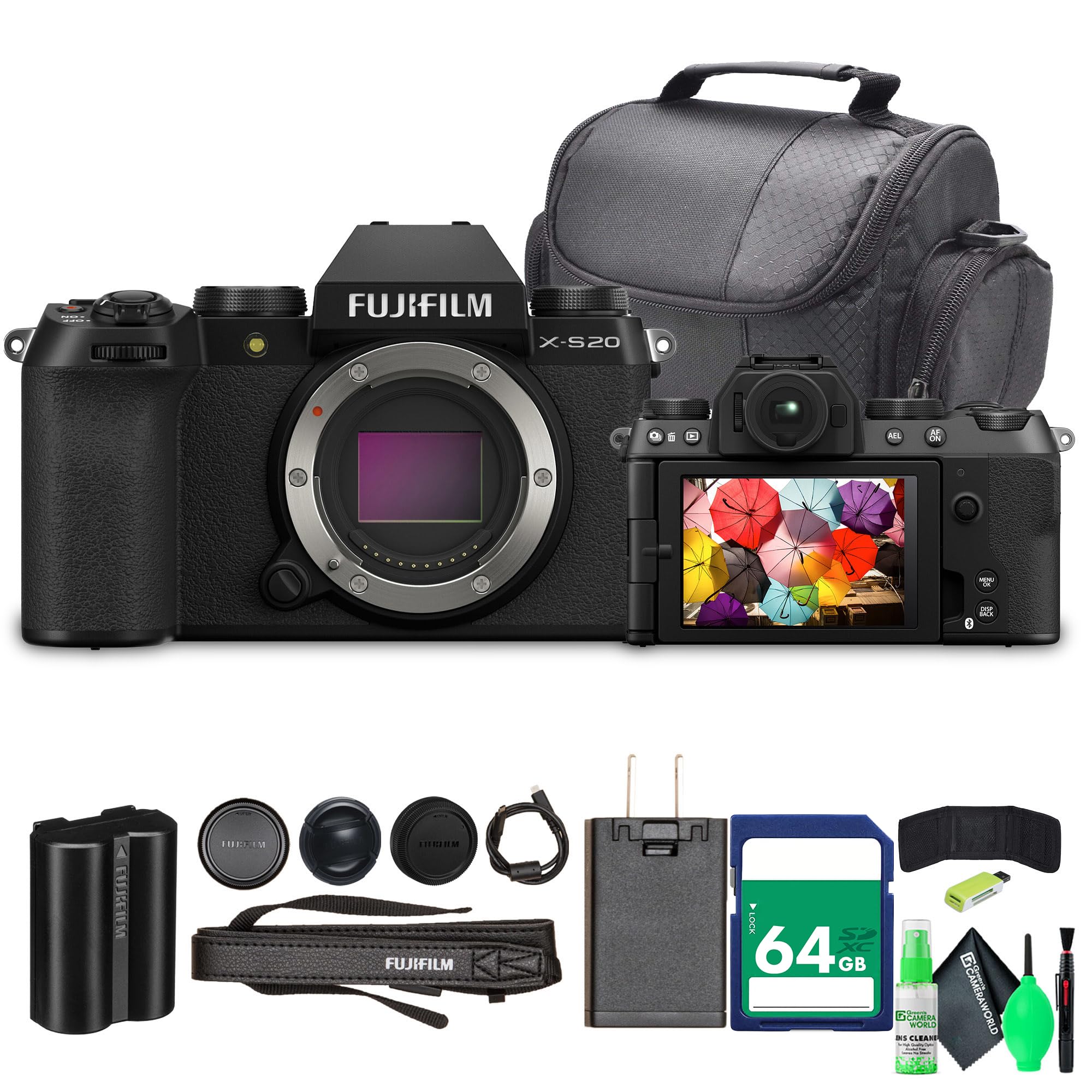 Fujifilm X-S20 Professional Compact Digital Mirrorless Camera Body - Black - Bundle with 64GB Memory Card + Travel Bag and Greens Cleaning kit