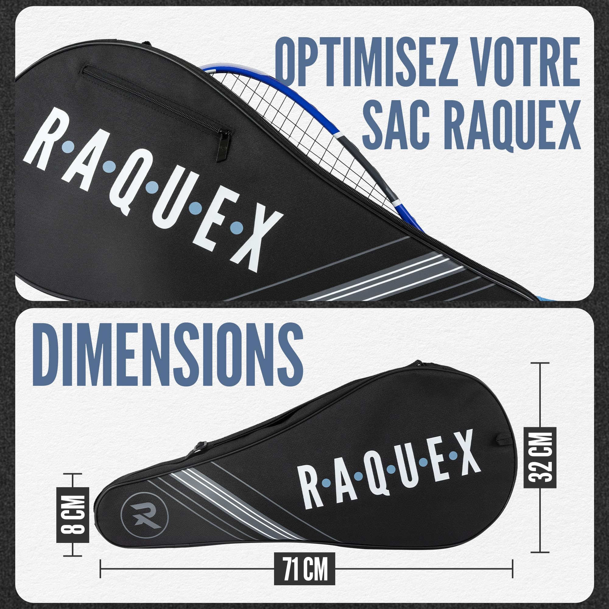 Raquex Sac pour Raquette de Tennis - Bleu ou Noir - Housse de Protection pour Raquette de Tennis, Squash et Badminton - pour 2 Raquettes et Accessoires avec bandoulière