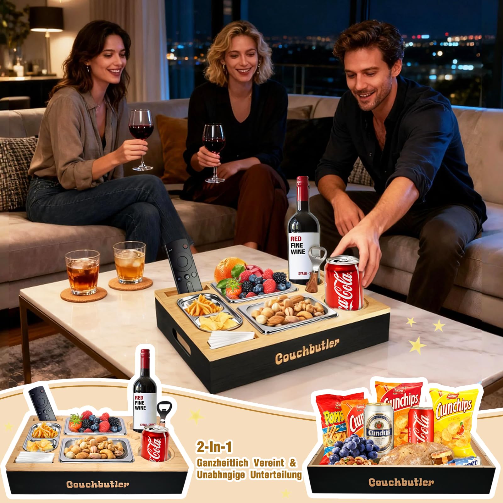 Couchbar Snackbox Couch Tablett mit Geschenkbox Couch Butler Sofa Tablett mit 2 Snackschalen Getränkehalter Snackbar Organizer mit Flaschenöffner Schwarz