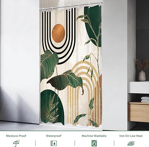 Vista 3 de Glawry Cortina de ducha de estilo bohemio de mediados de siglo, 36 pulgadas de ancho x 72 pulgadas de largo, diseño abstracto, retro, tropical