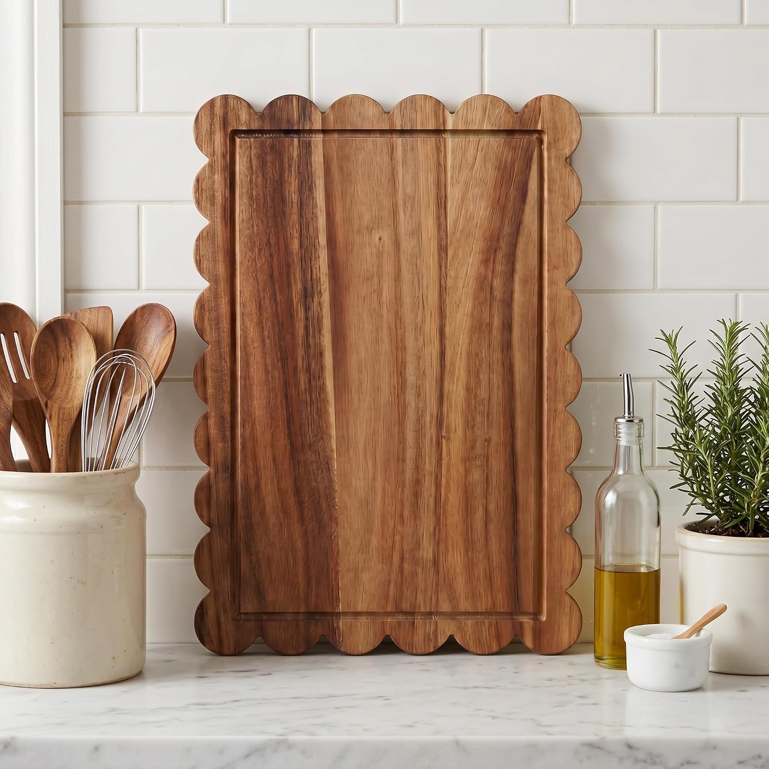 Scalloped Cutting Board Wood for Cottagecore Kitchen Decor, Acacia Decorative Serving Board Large Wavy Edge Charcuterie Tray for Snack Cheese Appetizers Platter Engraving Housewarming Gift