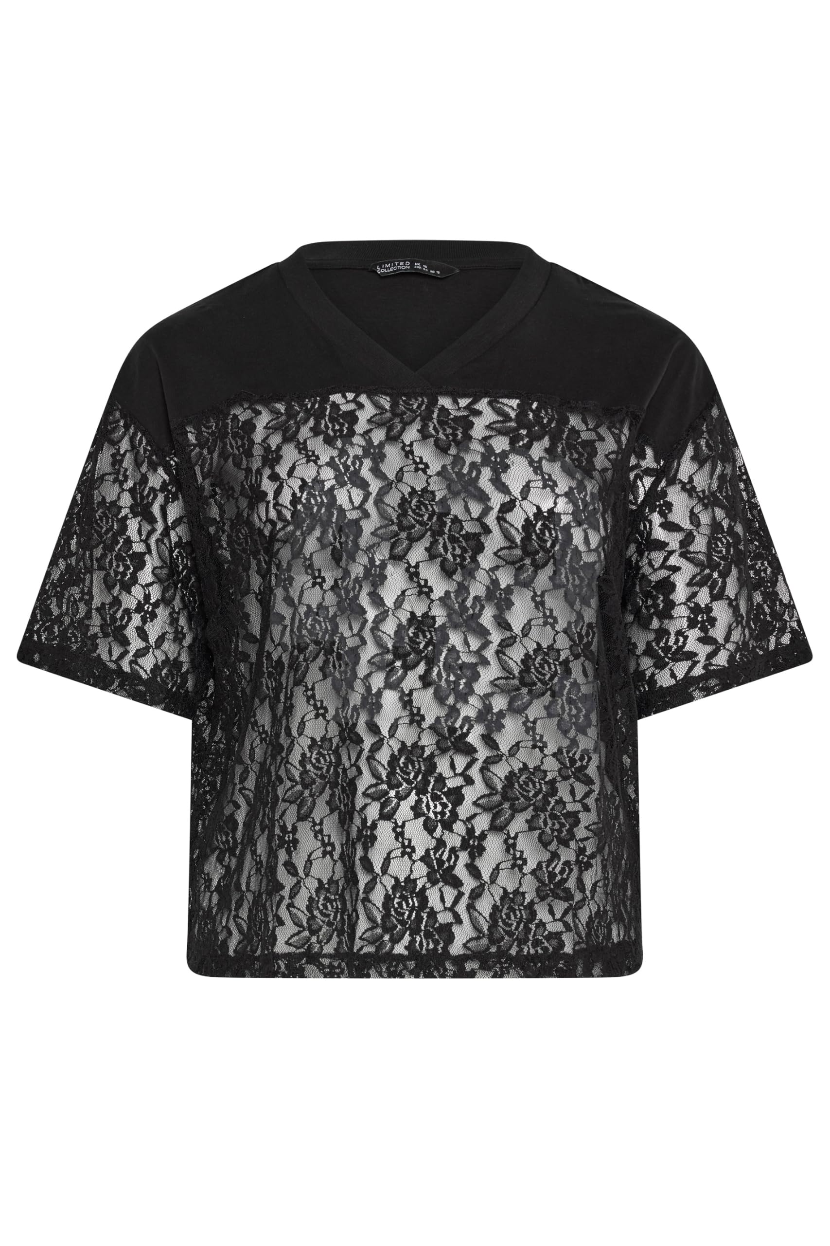 Yours Women's Lace V-Neck T-Shirt in Black | Size: 14