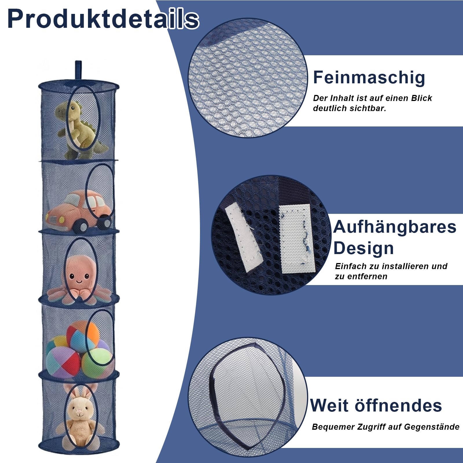 ZYNERY 3 Stück Set Hängende Netz-Aufbewahrungstasche, 5 Stufe Faltbare Hängeaufbewahrung Organizer, Hängender Speicherkorb Kinder für Kinderzimmer Badezimmer Balkon (Marineblau)