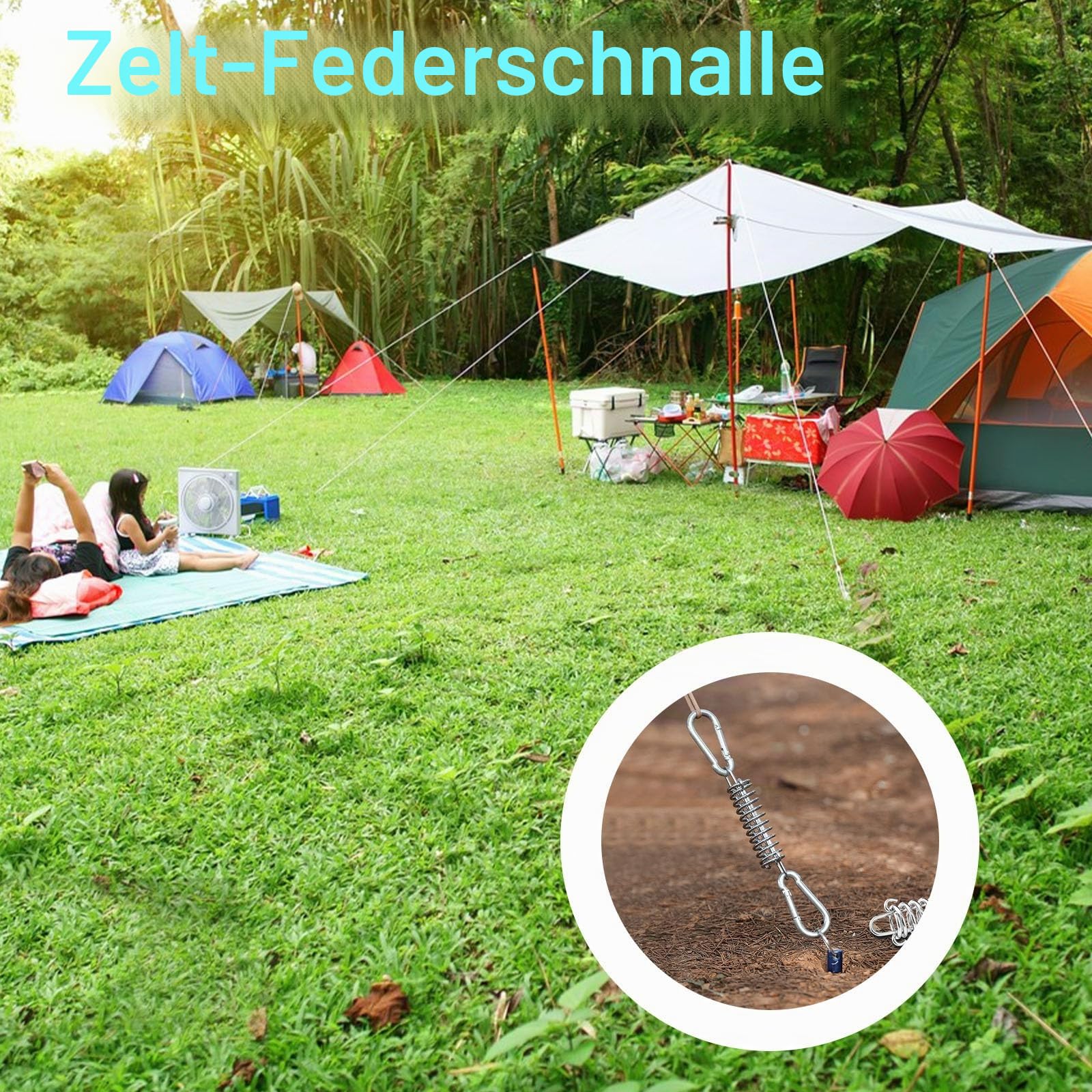 4 Stück Zugfeder Spannfeder Sonnensegel Befestigung Sprungfeder Stahlfeder Federschnalle mit 8 Stück Karabiner für Campingzelt Sonnensegel Markise