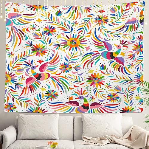 Shrahala Tapiz mexicano, floral, mexicano, colorido y adornado, pájaros étnicos y para colgar en la pared, tapiz grande psicodélico, tapiz