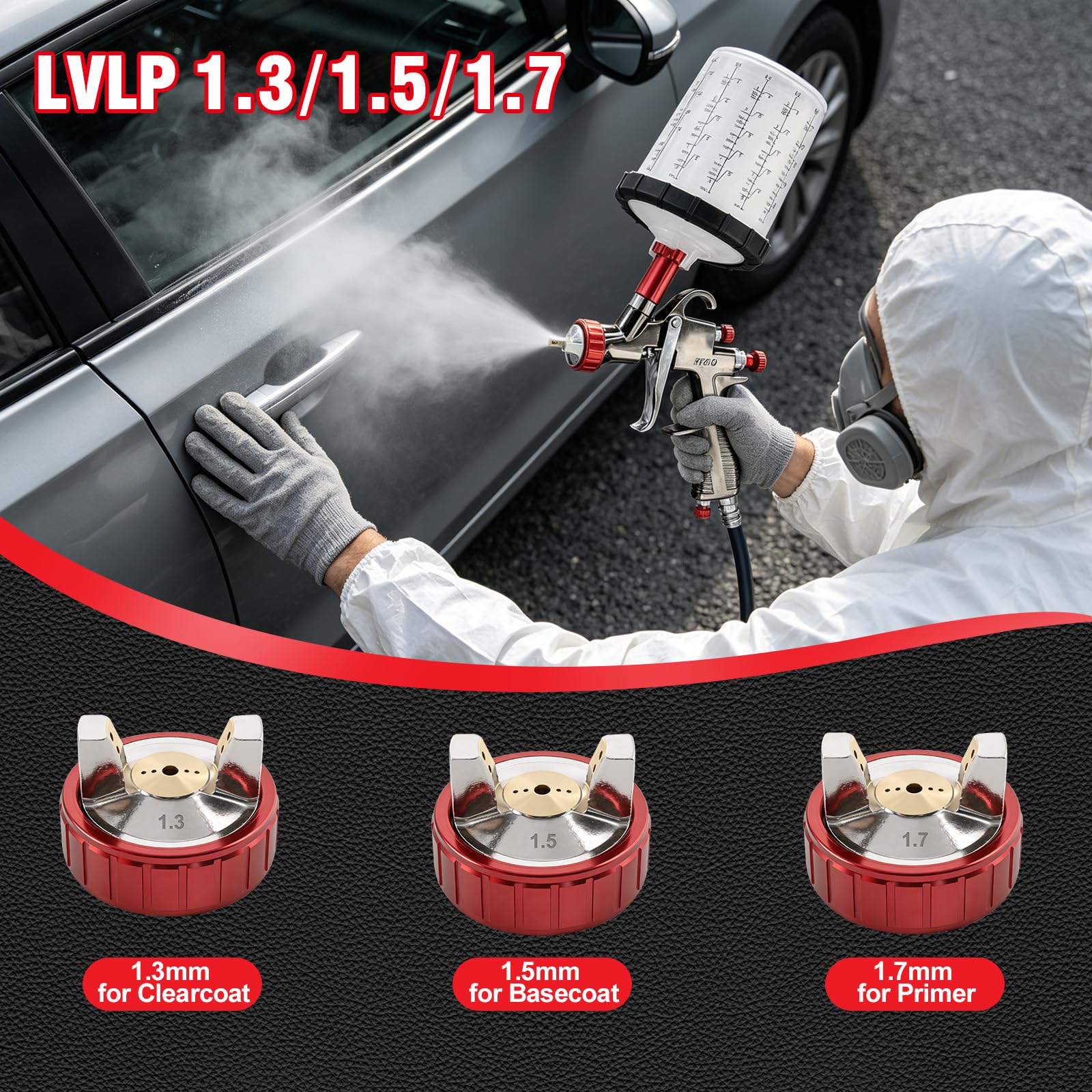 LVLP - Kit de pistola de pintura automotriz R500, boquillas de 1.3/1.5/1.7 mm LVLP con taza de plástico y vasos desechables y juego de regulador de aire, para pintura de casa, coche, muebles, valla