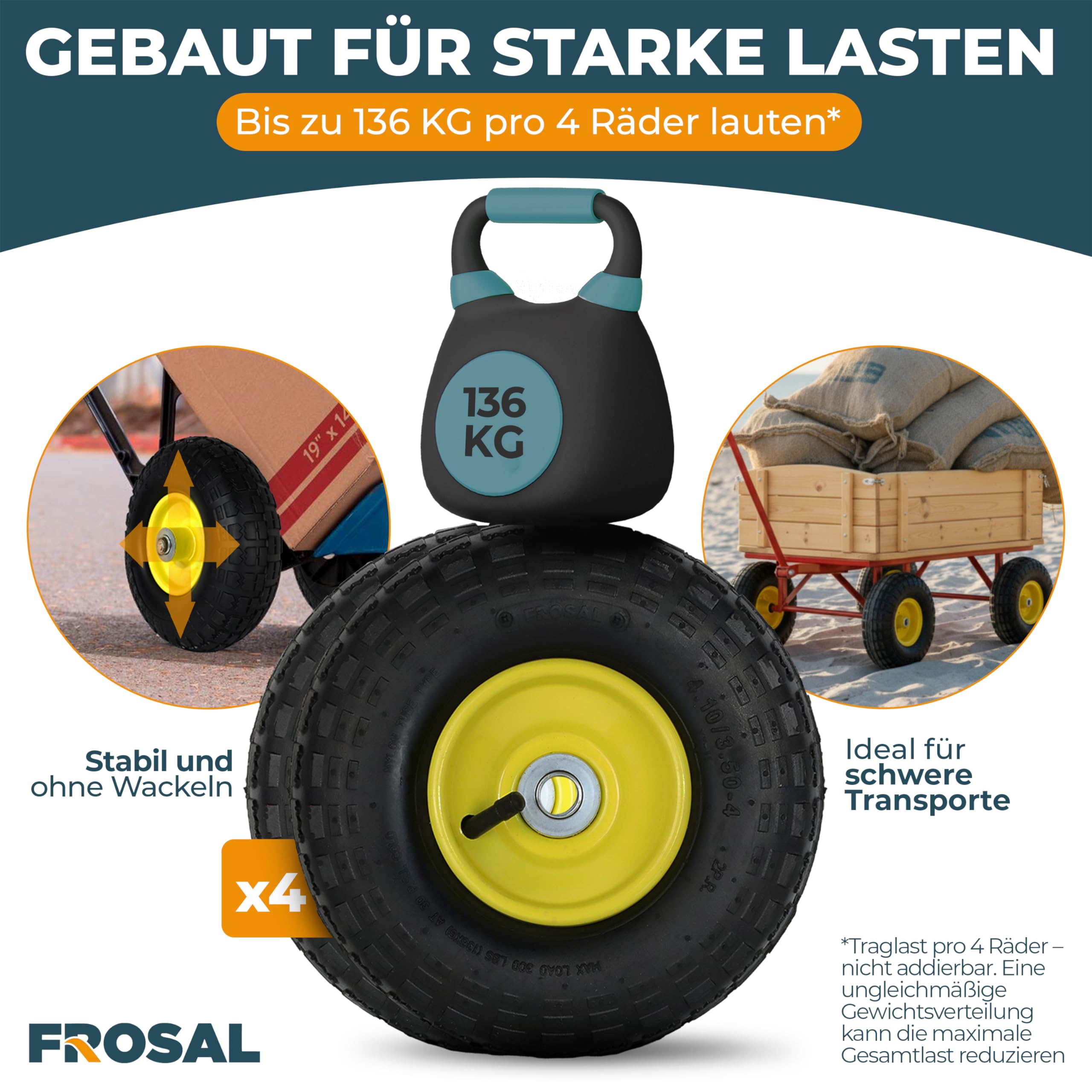FROSAL Ersatzrad 4.10/3.50-4 (260×85) – 4 Stück – Luftreifen mit Kugellager – Nabenlänge 50 mm – Achse Ø 16 mm – gelbe Stahlfelge – mit praktischem Autoventil – für Bollerwagen & Sackkarren
