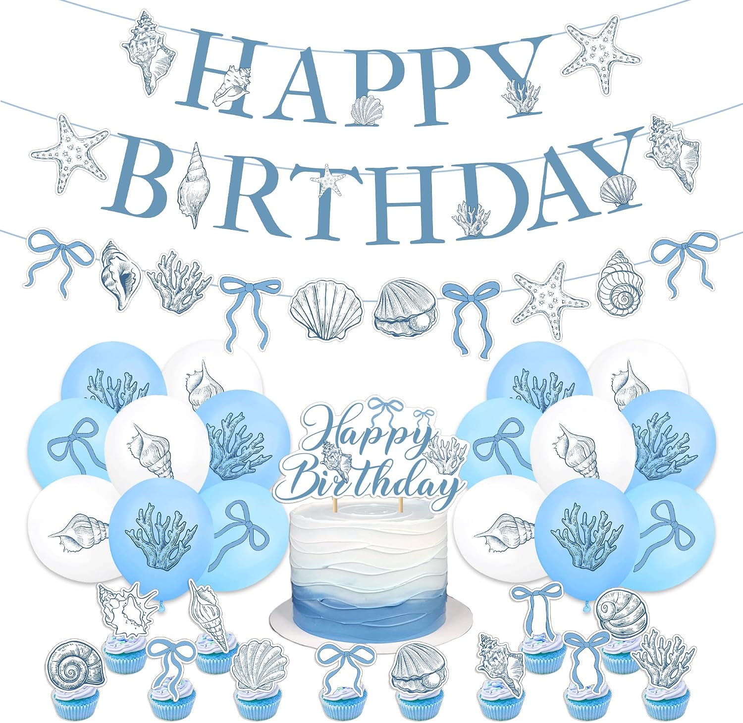 Blue Bow Starfish and Seashell Garland Ocean Coastal Nautical Beach Party Under The Sea Paper Bow Hanging Banner Cake Cupcake Toppers and Balloons for Summer Birthday Wedding Baby Shower Decro