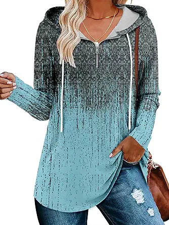 BETTE BOUTIK Womens Quarter Zip Tunic Hoodies Pullover Long Hooded Sweatshirts S-3XL