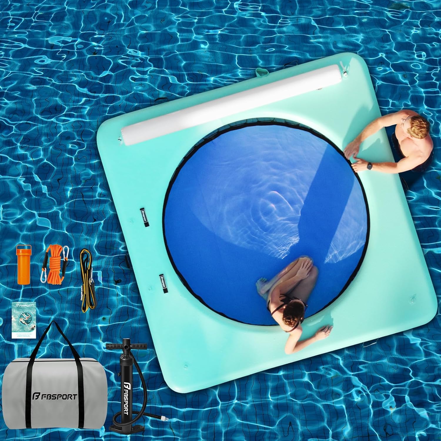 FBSPORT Inflatable Water Hammock Round Floating Ring, River Floats Lake Raft for Adults Sunchill Float Ring Tanning Pool Lounger Floating Dock Island for Pool Party w Ladder Cupholder