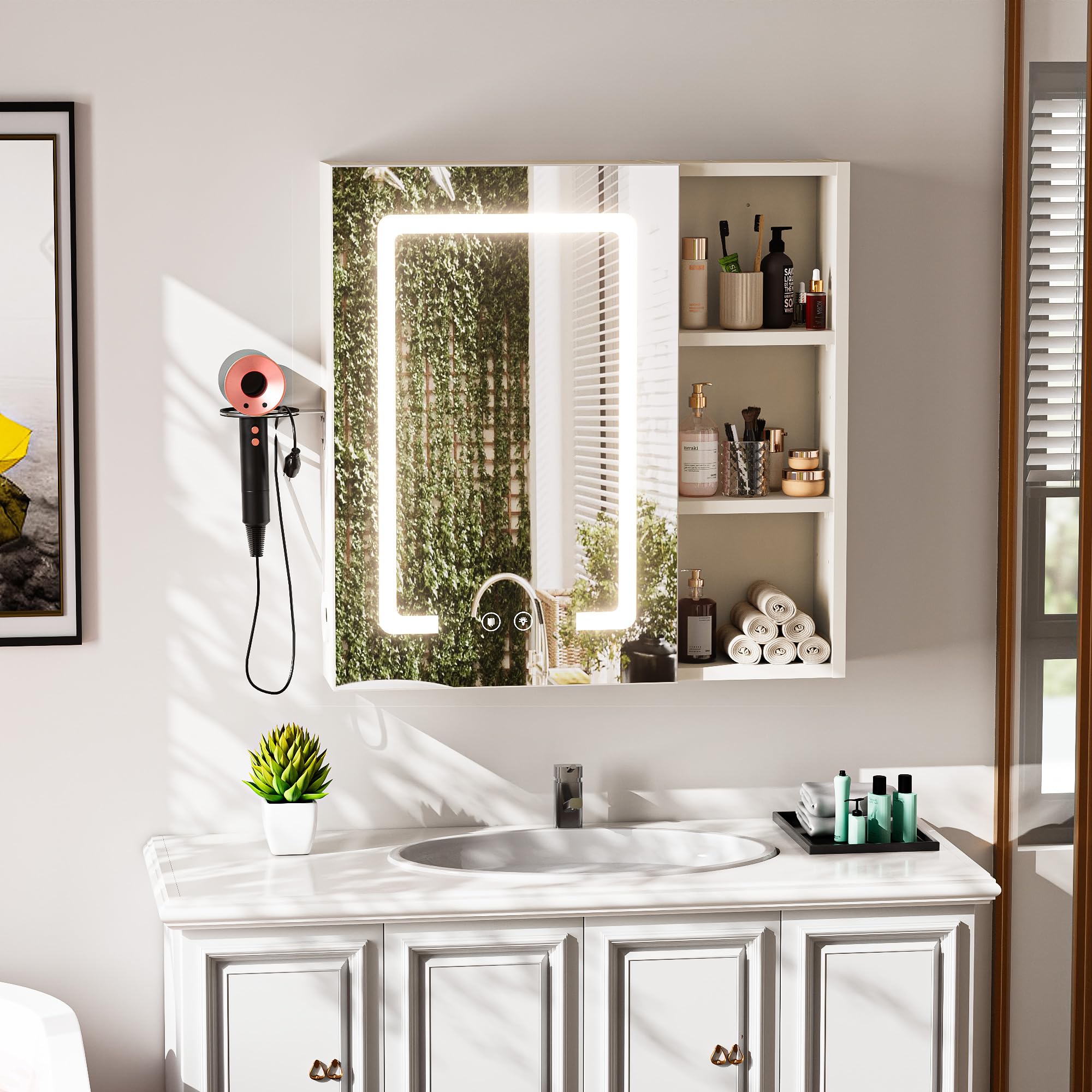 Specchio Bagno Contenitore con 3 Colori Luce, Armadio Specchio Bagno con Deumidificazione con 1 Tocco e Funzione di Memoria & con Mensola Regolabile(60x60x15 cm,Bianco)