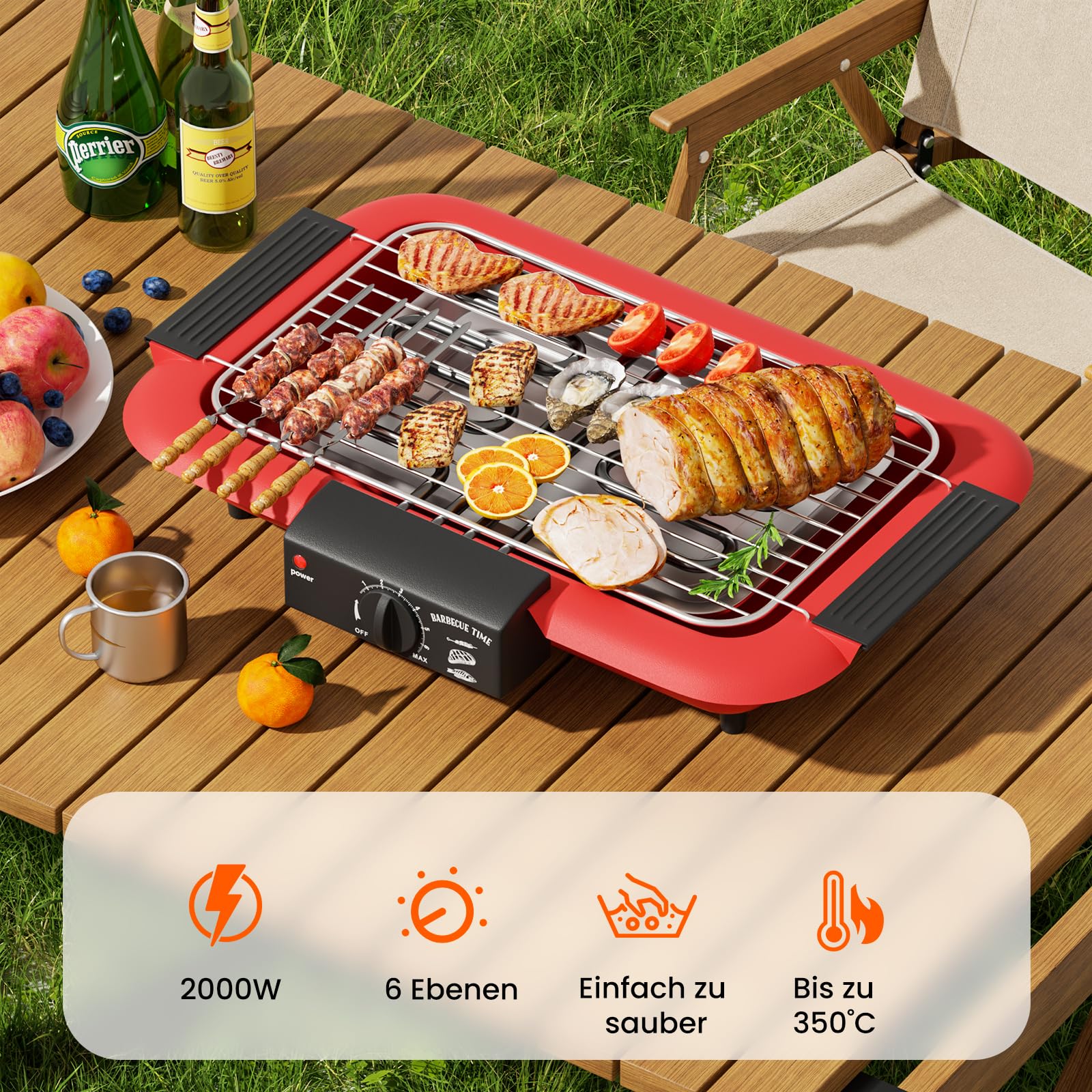 Barbacoa eléctrica de mesa eléctrica, barbacoa eléctrica, parrilla antiadherente sin humo para interiores/exteriores, 2000 W, tubo doble, parrilla de pie portátil extraíble de alta potencia (rojo