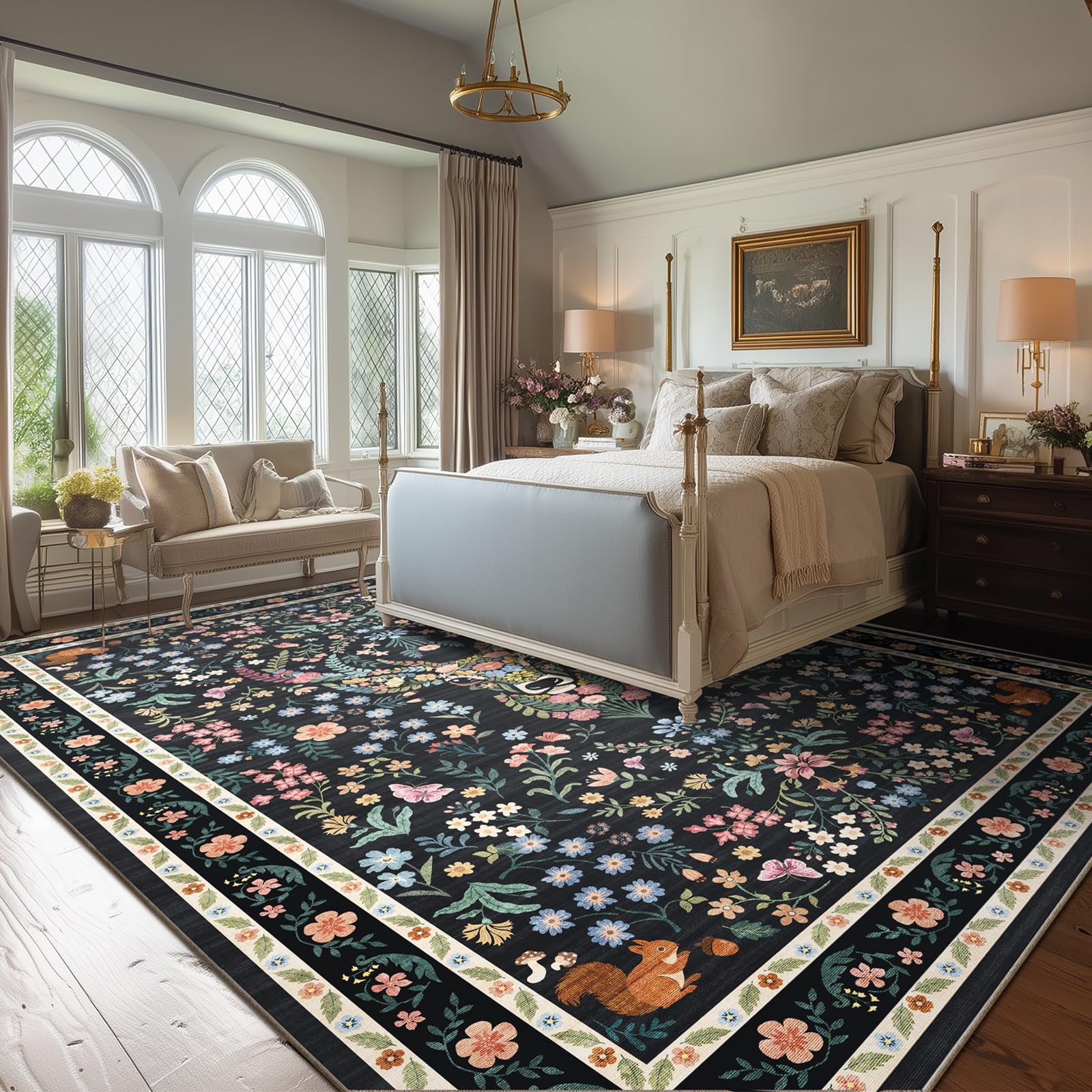 Area Rug Vintage Floral Deer Pattern 9x12 - Bohemian Forest Animal Carpet with Squirrel &amp; Butterfly, Soft Decorative Area Rug for Living Room Bedroom Home Decor