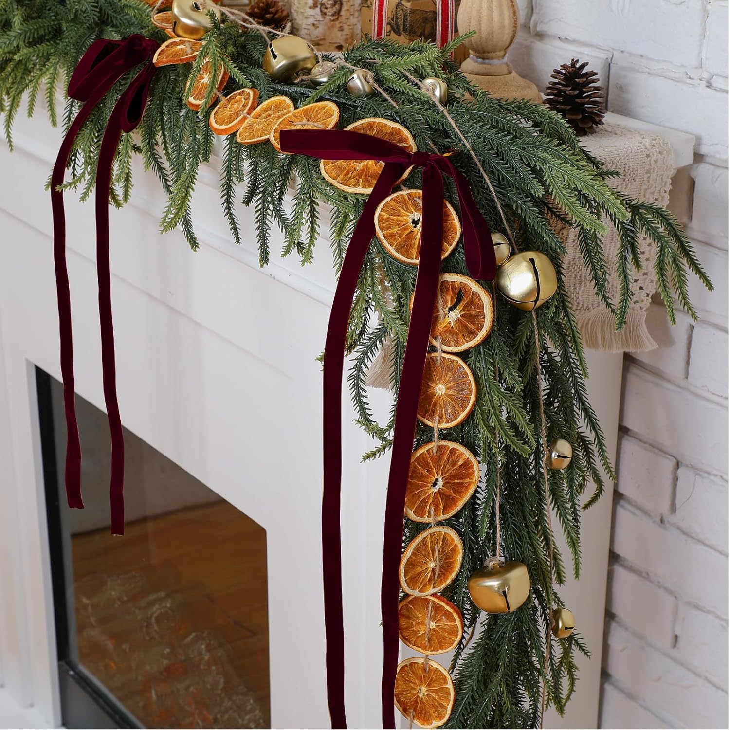 6FT Christmas Garland Decoration Realistic Norfolk Pine Greenery with Dried Orange Slices Garland Red Velvet Bows Rustic Bells Vintage Xmas Holiday for Fireplace Mantel Doorway Indoor Outdoor