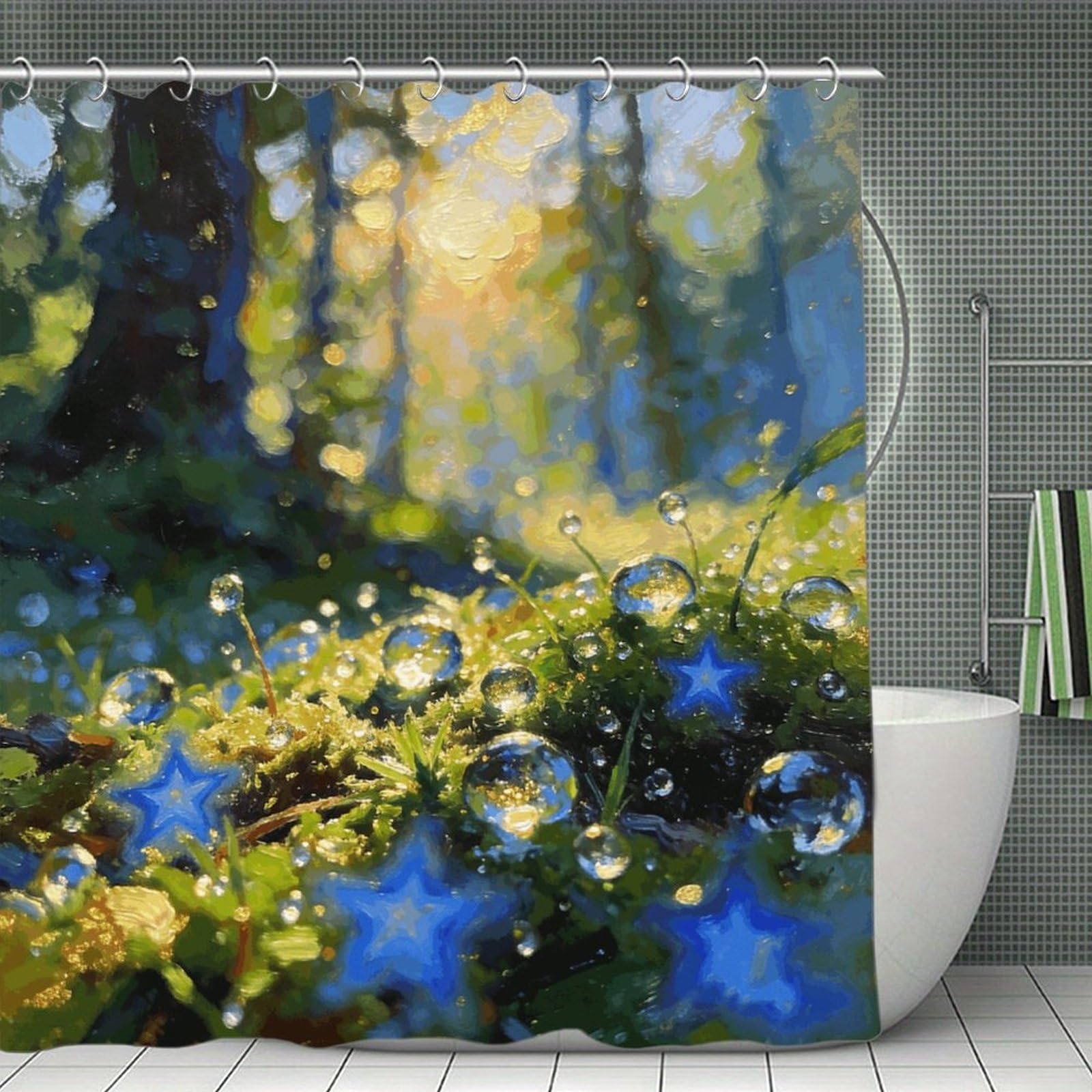 VstaDank The Blue Star in The Morning Dew Shower Curtain Light-Weight Blackout Bathroom Curtain Washable Shower Liner 71x71 Inch Bath Curtain with Metal Holes Bathtub Bath Room